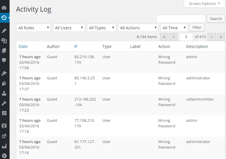 Activity Log screenshot of failed logins